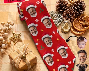 Custom Photo Christmas Necktie, Personalized Santa Face Tie, Funny Holiday Family Necktie, Xmas Party Mens Accessory, Unique Gift For Him