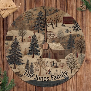 Personalized Family Name Tree Skirt, Rustic Winter Village Tree Skirt, Snowy Cottage Christmas Tree Skirt, Vintage Holiday Tree Skirt,MYJ936