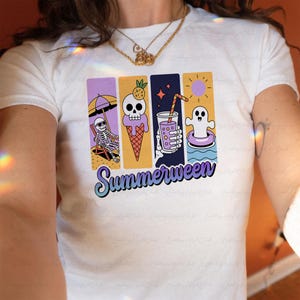 Colorful Summerween Ghost Baby Tee, Skeleton On Beach Baby Tee, Coastal Grandma Aesthetic Baby Tee, Summer Halloween Y2K Crop Top, MYJ231