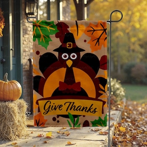 Give Thanks Turkey Garden Flag, Cute Turkey Fall Garden Flag, Autumn Thanksgiving Vibes Garden Flag, Autumn Leaves Harvest Decor, UPS0080