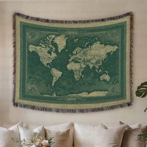 Antique World Map Woven Blanket, Green Vintage Map Blanket, Geography Blanket For Explorer Or Teacher, Retro Map Home Decor Blanket, MYC833
