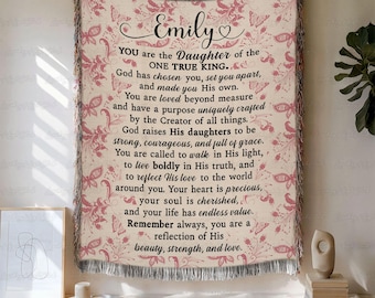Personalized Daughter Of The King Woven Blanket, Christian Faith Inspirational Throw, Faith Based Mothers Day Gift, Butterfly Floral Blanket