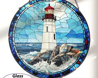Ocean Lighthouse Glass Suncatcher, Blue Sky Lighthouse Window Hanging, Ocean Waves Coastal Wall Decor, Gift For Beach House Lovers, MYJ432