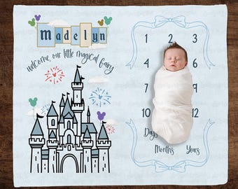 Custom Disneyland Castle Baby Blanket, Magic Kingdom Baby Milestone Blanket, Disney Custom Name Baby Shower Blanket, WDW Baby Gift Blanket