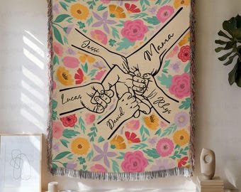 Customized Mom Holding Our Hand Blanket, Mother's Day Blanket With Children Name, Floral Family Blanket For Mama, Grandma Gift From Grandkid