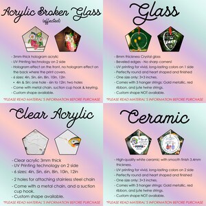 May include: An image showcasing four different materials: acrylic broken glass, glass, clear acrylic, and ceramic. Each material is presented with a decorative, heart-shaped design. Text provides details on sizes, features, and construction.