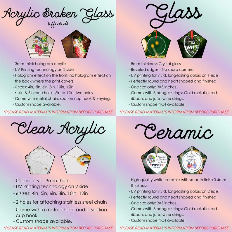May include: An image showcasing four different materials: acrylic broken glass, glass, clear acrylic, and ceramic. Each material is presented with a decorative, heart-shaped design. Text provides details on sizes, features, and construction.