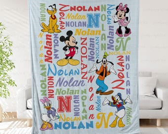 Custom Disney Blanket Mickey And Friends, Mickey Minnie Christmas Blanket, Disney Kids Blanket With Name, Disneyland Characters Throw,THA313