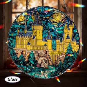 Wizard Castle Starry Night Suncatcher, Witchy Halloween Hanging, Enchanted Castle Stained Glass Suncatcher, Bookish Fantasy Fan Gift, MYJ304
