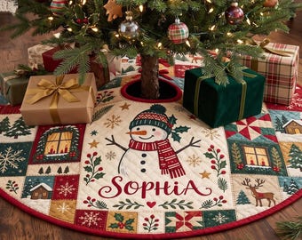 Personalized Snowman Tree Skirt, Retro Patchwork Xmas Decor, Custom Name Holiday Skirt, Quilted Family Keepsake Gift, Rustic Farmhouse Decor