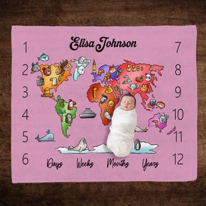 Custom Animal World Map Baby Blanket, Travel Adventure Baby Shower Blanket, Map Of The World Milestone Blanket, Newborn New Mom Gift Blanket