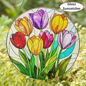 Aesthetic Tulip Flower Glass Suncatcher, Stained Glass Tulip Flower Suncatcher, Retro Floral Tulip Window Hanging, Gift For Her Mom, MYJ480