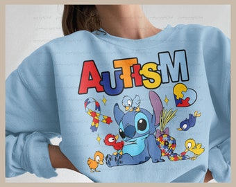 Blue Autism Stitch Disney Sweatshirt, Stitch Wear Blue Shirt, Ohana Autism Shirt, Lilo & Stitch, Autism Puzzle Piece Shirt, Disney Inclusive