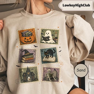 Bookish Halloween Stamp Sweatshirt, Ghost Reading Book Tee, Vintage Reader Shirt, Spooky Book Lovers Gift, Retro Halloween Book Top, MTB101