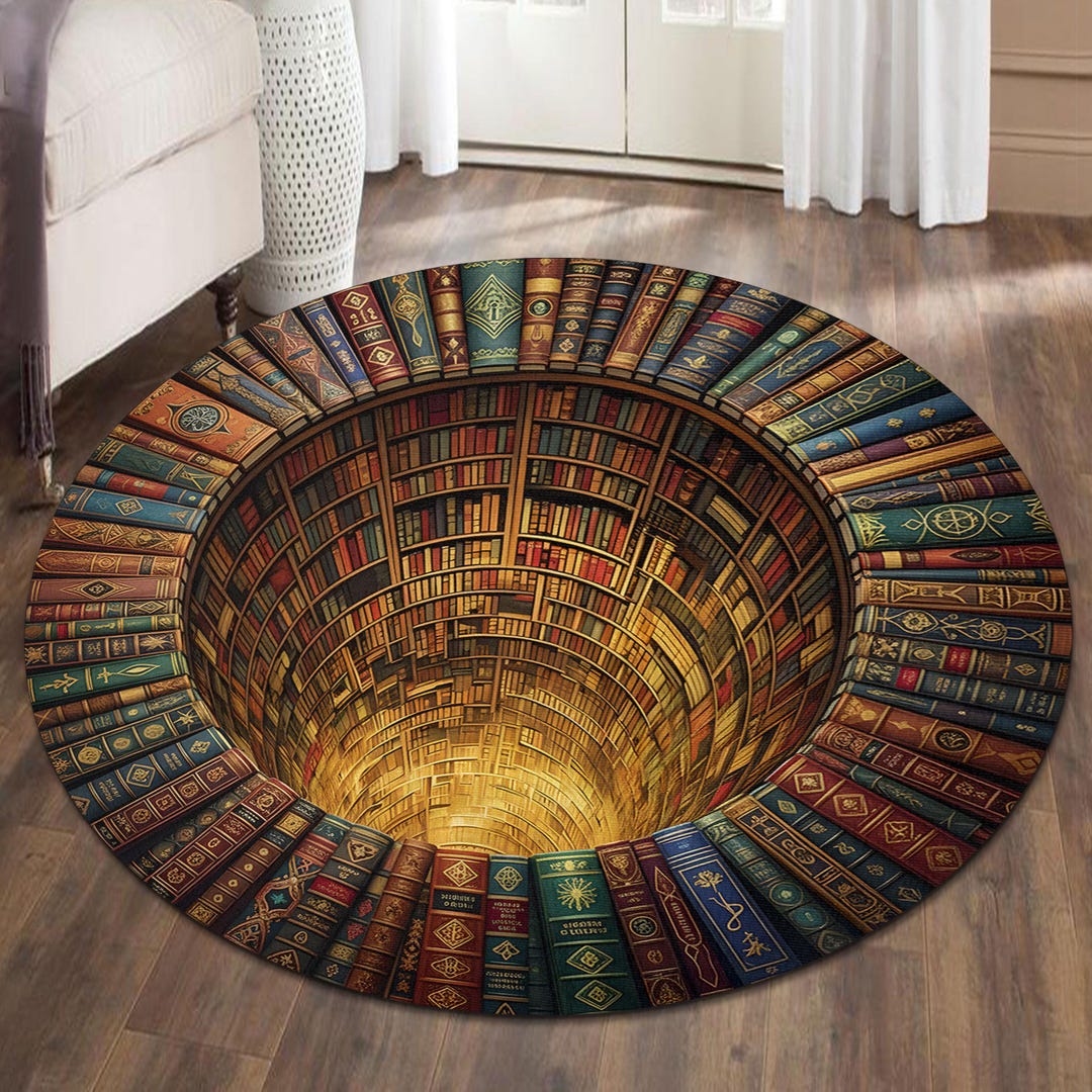 National Library Rug Library Books Hole 3D Round Rug, Vintage Bookshelf Deep Hole Rug, Magic ...
