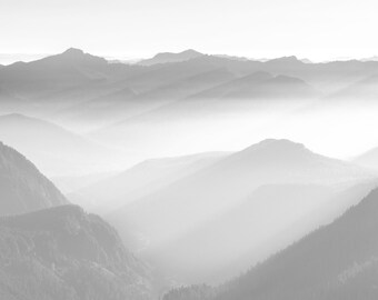 Soft Mountain Layers, sunset, mountains, mount rainier, mt rainier, wall art, landscape, photography, photo, nature, print, PNW, fog, foggy