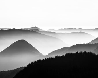 Mountain Layers Pano Mono, mountains, fog, foggy, wall art, washington, mt rainier, photo, photography, mountain layers, hiking, panoramic