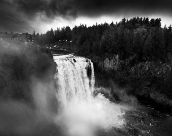 Enchanted, wall art, landscape, photography, photo, nature, print, waterfall, waterfalls, snoqualmie falls, black and white, monochrome