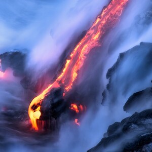 Fire, lava, Hawaii, lava flow, ocean, coastline, fine art, wall art, photograph, giclee print, big island, nature, metal print, volcano