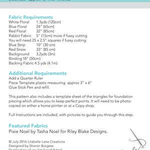 May include: A printable pattern for a Peppermint Crossing quilt. The pattern includes fabric requirements, additional requirements, and featured fabrics. The pattern is designed by Lilabelle Lane Creations and features a cute needle and thread graphic with the text "Create what you love".