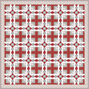 May include: A red and white quilt with a geometric pattern. The quilt is made up of squares and diamonds. The squares are red with a white floral pattern, and the diamonds are white with a red and white striped pattern.