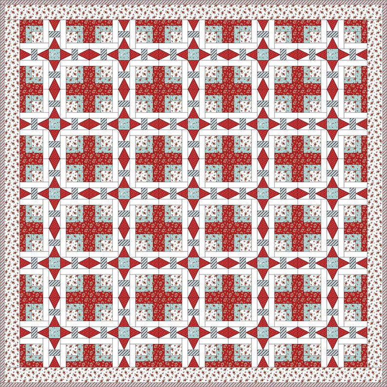 May include: A red and white quilt with a geometric pattern. The quilt is made up of squares and diamonds. The squares are red with a white floral pattern, and the diamonds are white with a red and white striped pattern.