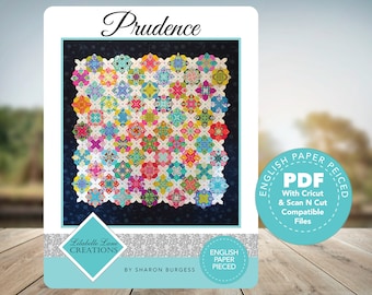 May include: A quilt pattern called "Prudence" by Lilabelle Lane Creations. The pattern is for English Paper Pieced quilts and includes instructions for use with Cricut and Scan N Cut machines. The quilt pattern features a colorful, geometric design.