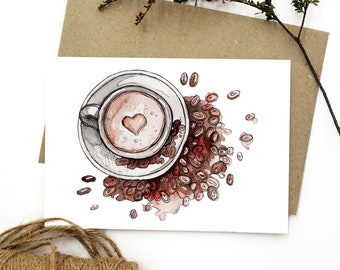 Coffee Lover Gift Card/ Coffee Illustration greeting card/ Coffee watercolor Art/ Anniversary and Valentines Day Gift/ Recycled