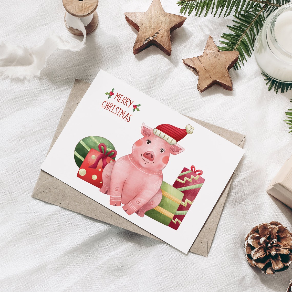 Pig Christmas Card/ Christmas Greeting Card/ Farm Animal/ Etsy UK