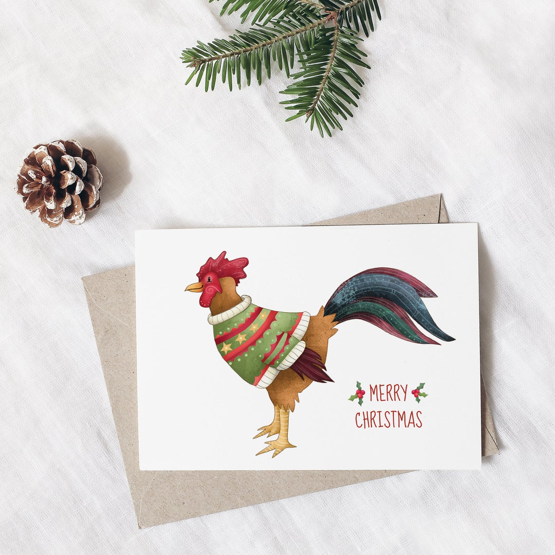 Rooster Christmas Card/ Christmas Greeting Card/ Farm Animal/ Etsy