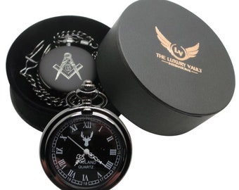 Freimaurer Masonic Freimaurer Taschenuhr Matt Schwarz Luxuriöse Volljünger Freimaurer mit Kette im Geschenk Etui