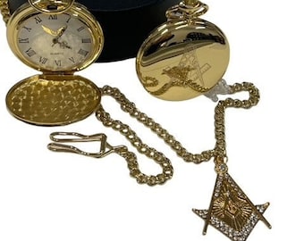 Personalised Masonic Gold Pocket Watch  with Chain and Freemason Crystal Symbol Fob 24 Carat Gold Plated Gift Set  Any  Lodge Engraved