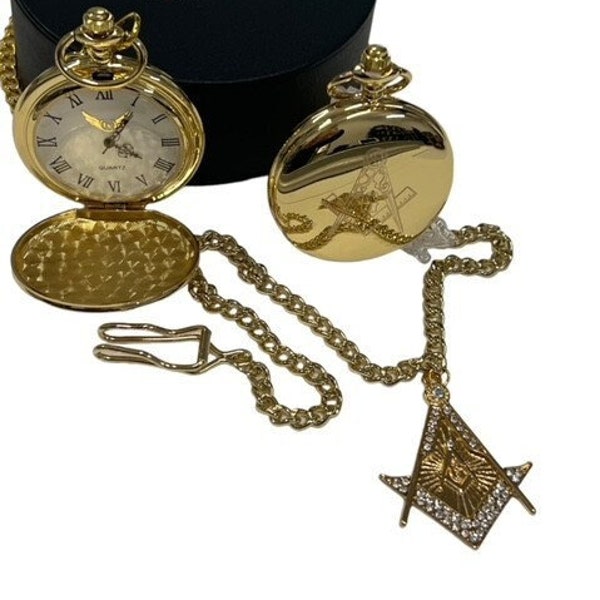 Personalised Masonic Gold Pocket Watch  with Chain and Freemason Crystal Symbol Fob 24 Carat Gold Plated Gift Set  Any  Lodge Engraved