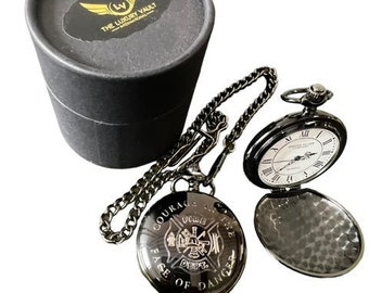 Reloj de bolsillo de bombero con parte trasera grabada personalizada en estuche de regalo Estuche Bombero Servicio de bomberos y rescate Fuego con cadena regalos para bomberos