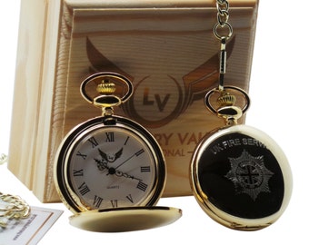 Reino Unido bombero oro bolsillo reloj personalizado grabado madera nuevo regalo bombero caso caso lujo regalo de bomberos