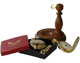 Freemasons Luxurious 24 Carat Gold Plated Gift Set  Full Hunter Masonic Pocket Watch and  Luxury Wooden Pocket Watch Display Stand Holder