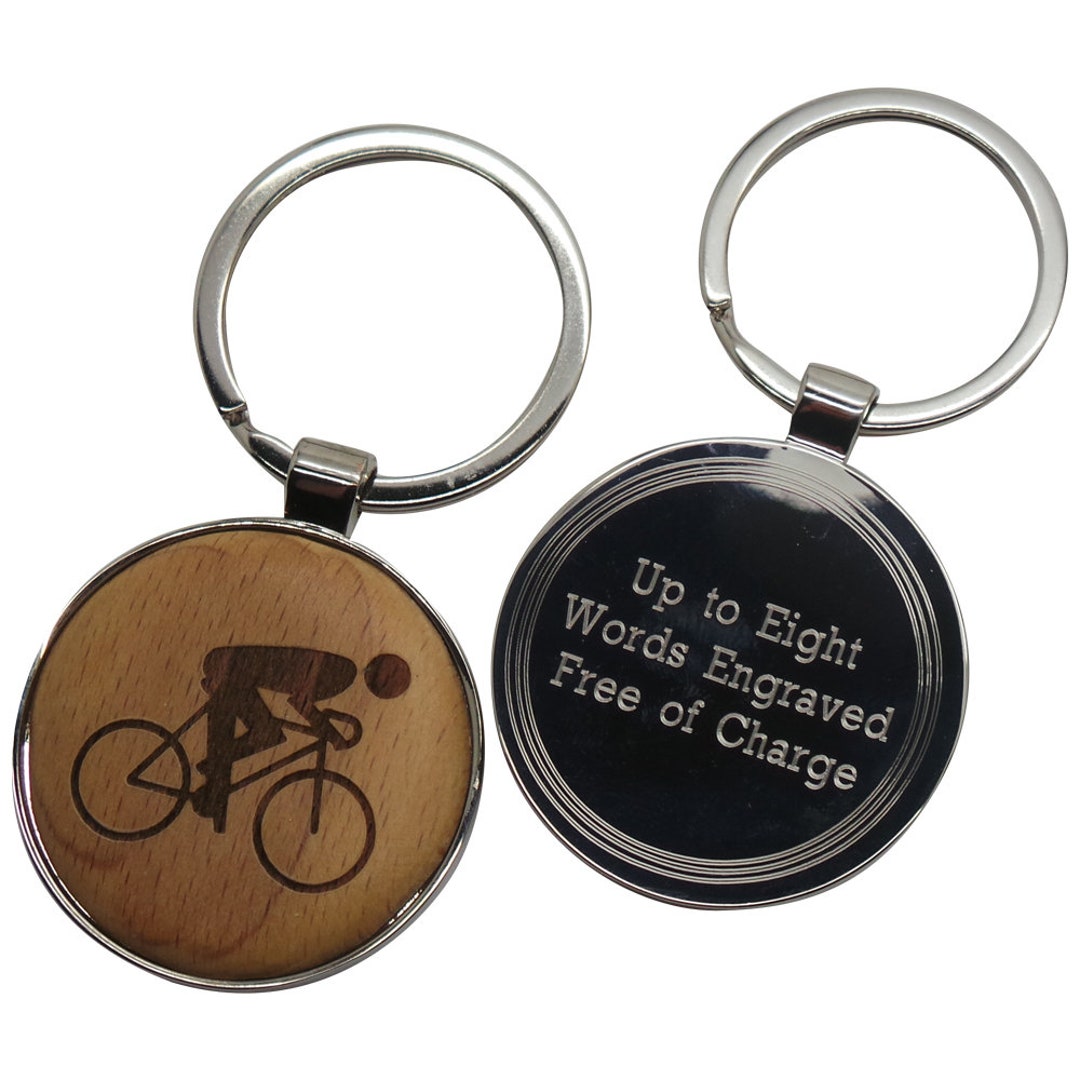 Cyclist Personalised Wooden Keychain Keyring in Wood Gift Box Metal ...