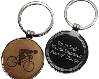 Cyclist Personalised Wooden Keychain Keyring in Wood Gift Box Metal Engraving Personalised Engraved cycle triathlon mountain bike racing