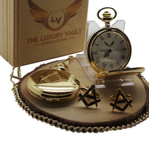 Masonic Gold Manschettenknöpfe und Freimaurer Taschenuhr Luxuriöse 24 Karat vergoldet Geschenk Set Full Hunter