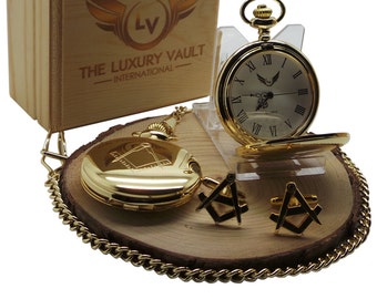 Masonic Gold Cufflinks and Freemasons Pocket Watch  Luxurious 24 Carat Gold Plated Gift Set  Full Hunter