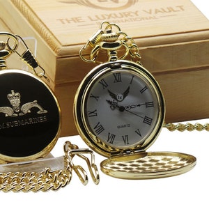 Royal Navy Submariner Gold Taschenuhr Volljäger mit Kette Holz Geschenkbox und Zertifikat FREE Engraved personalisierte individuelle Gravur