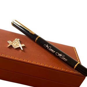 Personalised Masonic Pen Set Leather Gift Case Freemason Gold Emblem A luxury Gift for Freemasons Engraved Gold  Rollerball Pen Freemason