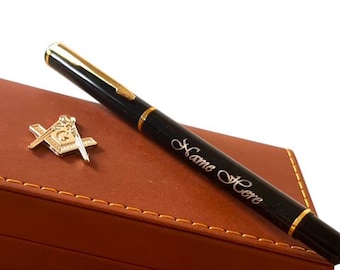 Personalised Masonic Pen Set Leather Gift Case Freemason Gold Emblem A luxury Gift for Freemasons Engraved Gold  Rollerball Pen Freemason