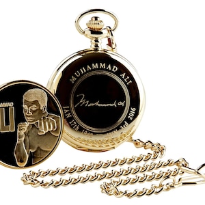 Muhammad Ali  Signed Gold Pocket Watch and Gold Coin Fob Watch Full Hunter Autographed  with Chain Gift Box and Certificate Engraved