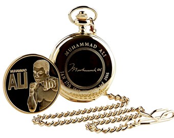 Muhammad Ali  Signed Gold Pocket Watch and Gold Coin Fob Watch Full Hunter Autographed  with Chain Gift Box and Certificate Engraved