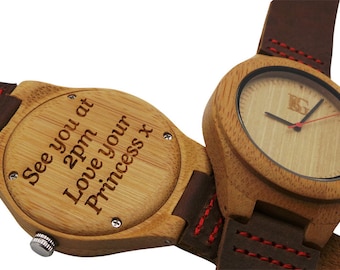 Engraved Personalised Wooden Watch Genuine Nubuck Leather Wristwatch Wood Gift Box Luxury Personalized Father Groom Mum Daughter Unisex