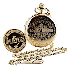 The Beatles Gold Pocket Watch Sgt Pepper and Coin Custom Engraved Wooden Gift Case Beatles memorabilia Free engraving music Beatles Gifts