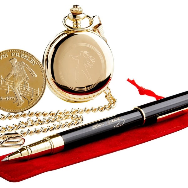 Elvis Presley  Signed Custom Engraved 24 Carat Gold Clad Pocket Watch and Gold Coin and Rollerball Pen in Wooden Gift Case Box 1950's Luxury