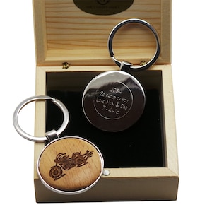 Motorcycle Personalised Wooden Keychain Keyring Wood Gift Box Metal Engraving Personalised Engraved Gifts for Bikers Motorcyclists Motorbike