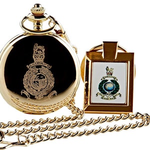 Royal Marines Set  Engraved 24 Carat Gold Clad Pocket Watch and Gold Keychain Keyring in Wooden Gift Case Navy Luxury Gifts Military Corps